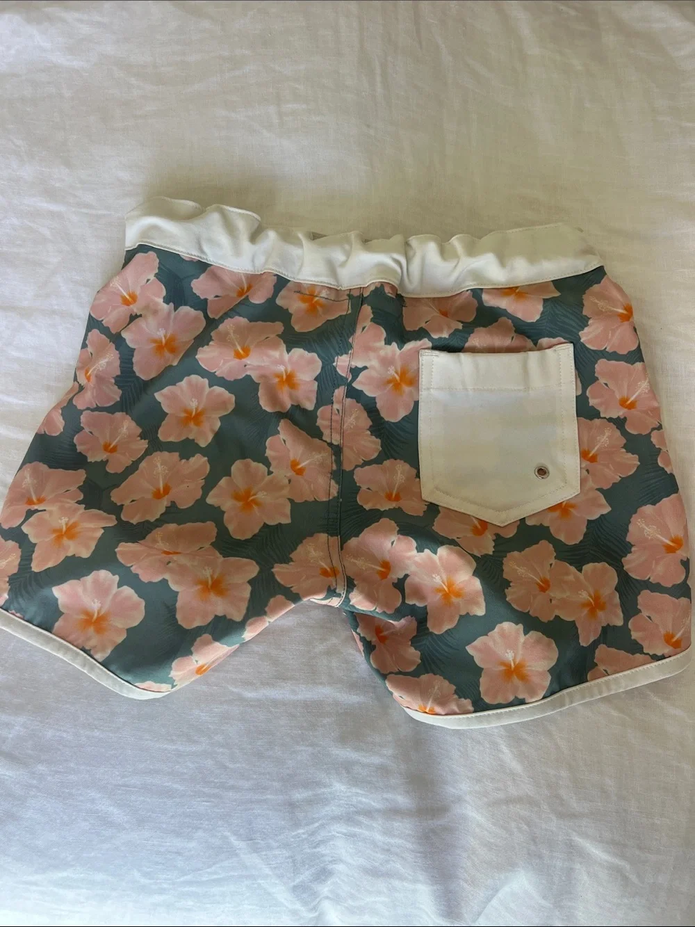 acacia swimwear Pink Hibiscus Floral Kids Swim Trunks on Green